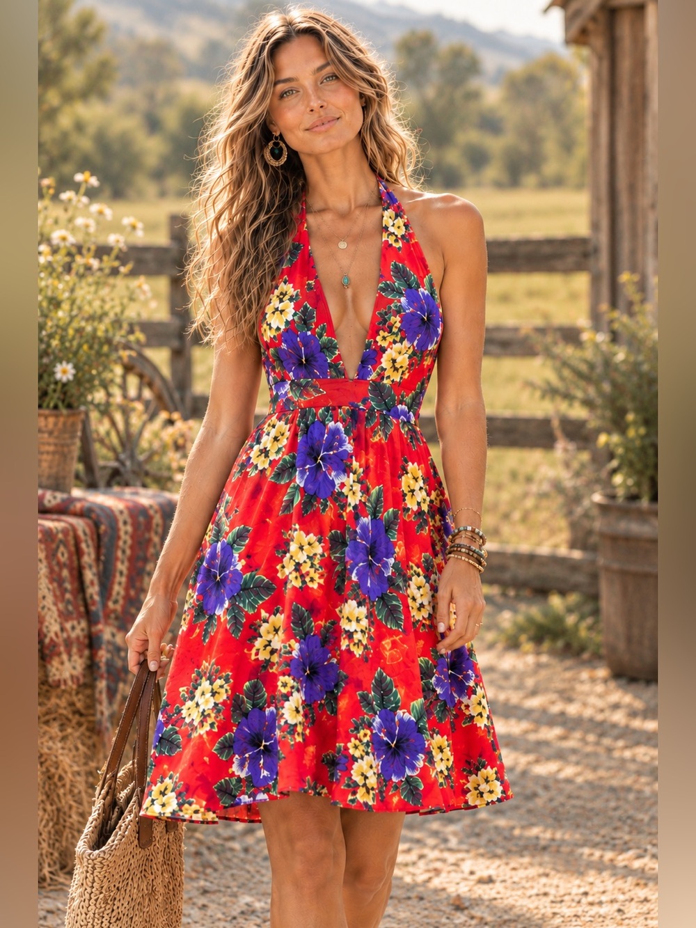 Free People Red Floral Halter Dress with Purple & Yellow Blooms